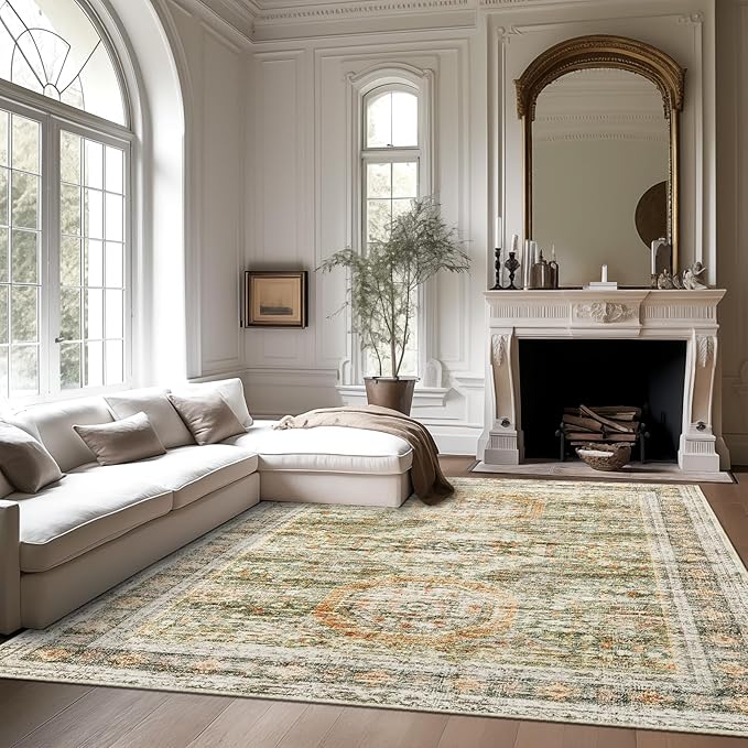 Washable Area Rug 8x10, Large Soft Rugs for Living Room Vintage 8x10 Area Rugs for Bedroom Dining Room Non-Slip Stain Resistant Under Table Green Orange Rug