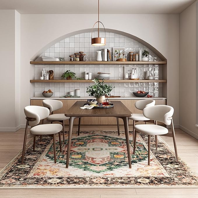 Washable 5x7 Area Rugs, Rugs for Living Room, Low-Pile Water&Stain Resistant Carpet Vintage Distressed Printed Non-Slip Carpet for Bedroom Bathroom Kitchen-Green