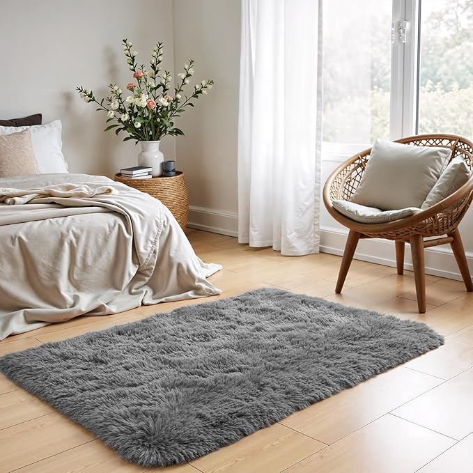 Zentavio Bedside Rugs Small 2x3 Shag Entry Entrance Rugs Soft Bedroom Carpet Area Rugs for Dorm College Essentials Non-Slip Living Room Throw Rug Home Decor Aesthetic Nursery Grey