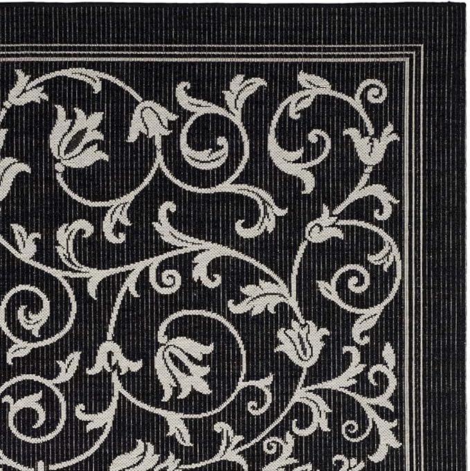 SAFAVIEH Courtyard Collection 5'3" Square Black / Sand CY2098 Scroll Indoor-Outdoor Waterproof Easy-Cleaning Patio Backyard Mudroom Area-Rug