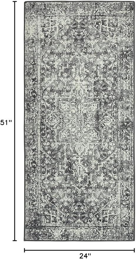 Morebes Vintage Black Bathroom Rug 2x4.3, Washable Bath Mat Non Slip Stain-Resistant Entryway Rug, Medallion Soft Low Pile Carpet Runner for Entrance Hallway Kitchen