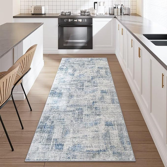 Eleisa Modern Abstract 2x8 Hallway Runner Rug, Blue & Grey, Non-Slip Washable Low Pile Rugs, Vintage Rug Hallway Indoor Carpet for Kitchen, Entryway and Laundry Room