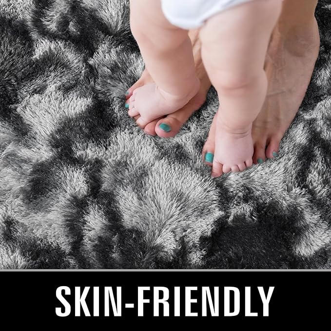 TWINNIS Super Soft Shaggy Rugs Fluffy Carpets 6x9 Feet, Indoor Modern Plush Area Rugs for Living Room Bedroom Kids Room Nursery Home Decor, Upgrade Anti-Skid Fuzzy Rug, Black and Grey