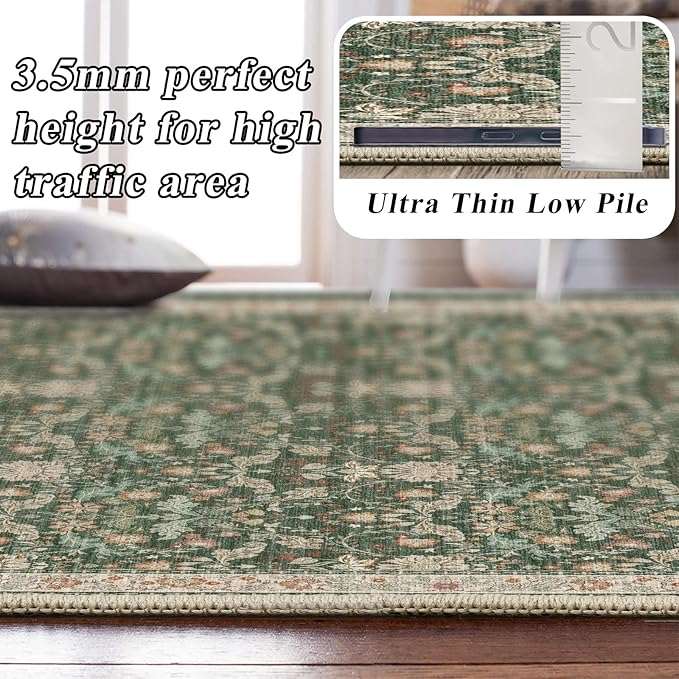 2x5 Rug Runner Washable: Non-Slip Oriental Floral Carpet for Bathroom Kitchen Hallway - Farmhouse Low Pile Stain Resistant Long Thin Front Door Mat 2x5 Green/Beige/Multi