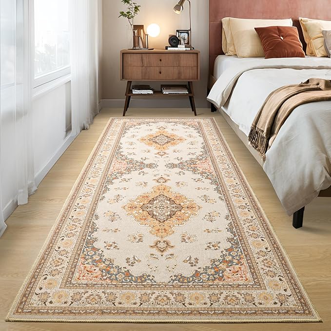 Tepook 2x6 Vintage Runner Rug - Low Pile Washable Non-Slip Carpet for Hallway, Kitchen, Bedroom, Entryway, Laundry Room, Bathroom - Indoor Throw Rug in Beige