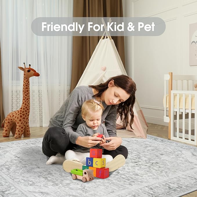 Washable Rugs 8x10 Area Rugs, Soft Vintage Living Room Rug with Anti-Skid Backing Stain Resistant Thin Indoor Carpet Large Area Rug for Bedroom Under Dining Room Table Nursery Entryway-Gray/Black