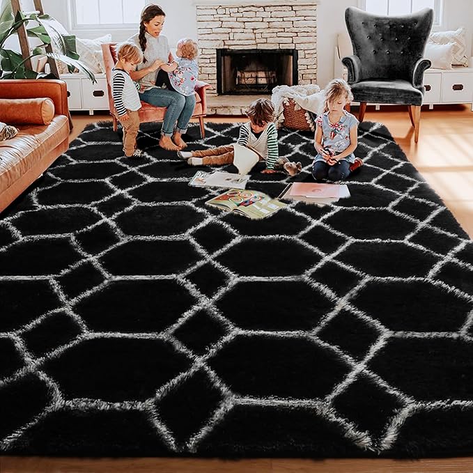 ONASAR 5x7 Area Rugs for Living Room Bedroom, Washable Fluffy Black and White Rug, Geometric Boho Soft Plush Shaggy Floor Carpet Mat for Nursery Kids Girls Boys Teen Dorm Home Decor Aesthetic