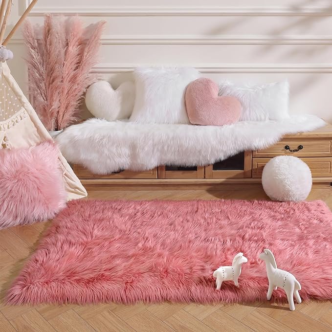 Ashler Faux Fur Area Rug - Ultra Soft 3 x 5 Feet Sheepskin, Fluffy Shaggy Blush Pink, Machine Washable - Nursery Decor Throw for Bedroom, Living Room, Kids Room