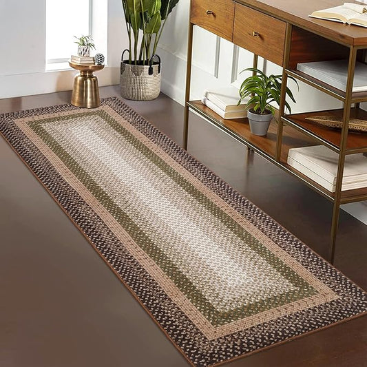 Imitation Braided Collection-Print Washable Runner Rugs 2x6 Hallway Rug with Non-Slip Backing, Farmhouse Low PileCarpet, Contemporary Bordered Indoor Mat for Bedroom, Kitchen, Laundry