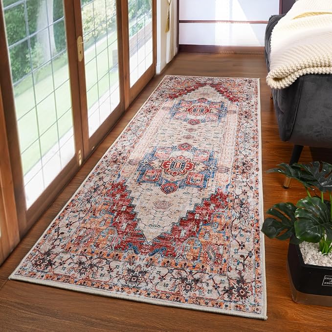YJ.GWL Area Rug 2x6, Machine Washable Hallway Runner Rug, Boho Floral Vintage Distress Print Pattern Carpet, Low Pile Lightweight Thin Rugs for Entryway, Kitchen and Corridor, Orange