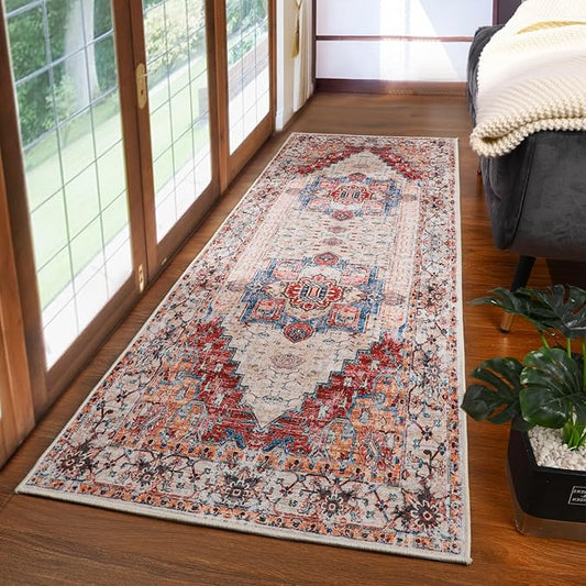 YJ.GWL Area Rug 2x6, Machine Washable Hallway Runner Rug, Boho Floral Vintage Distress Print Pattern Carpet, Low Pile Lightweight Thin Rugs for Entryway, Kitchen and Corridor, Orange