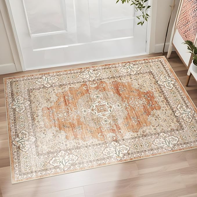 Washable Entryway 2x3 Rug: Small Boho Rugs for Indoor Entrance Non Slip Backing Stain Resistant Carpet Low Pile Throw Rugs for Bedroom Bedside Inside Front Door Floor Kitchen Decor(Brick,2x3FT)
