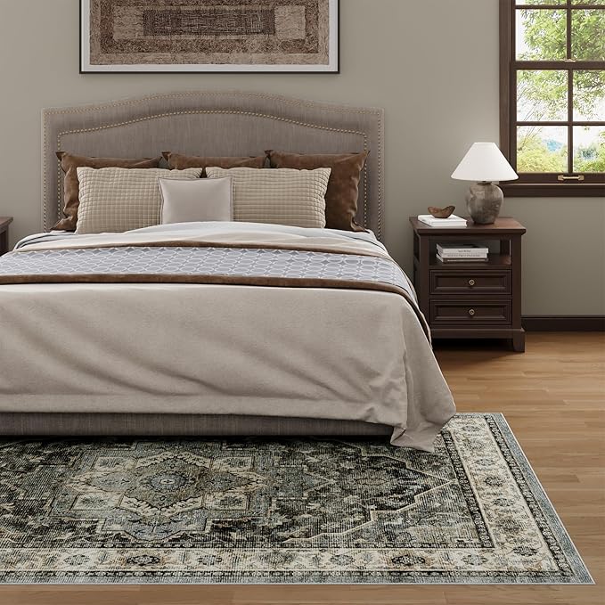 Dripex 4x6 Area Rugs, Machine Washable Non Slip Boho Rugs,Distressed Bedroom Rug, No Pile Lightweight Vintage Rug, Floor Carpet for Living Room,Dining Room and Office,Dark Blue and Green
