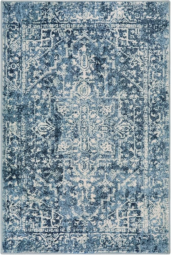 Morebes Boho 2x3 Blue Bathroom Rugs, Washable Small Indoor Door Mat Vintage Medallion Kitchen Rug Non-Slip, Soft Non-Shedding Throw Carpet for Bedroom Entrance Bath