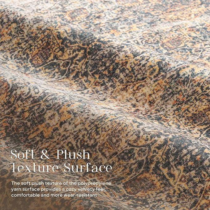 Phantoscope Hallway Runner Rug 2'x8' - Boho Washable Non-Slip Kitchen Rug Runner, Ultra-Thin Vintage Distressed Accent Throw Rug for Entryway Laundry Bathroom Bedroom, Dark Brown/Orange Spice