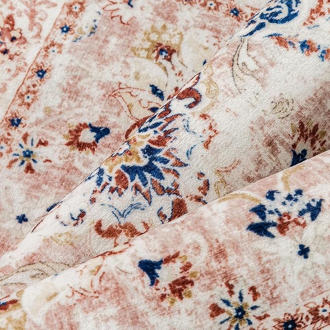2x3 Washable Area Rug Pink Neutral Carpet for Entryway Floral Distressed Non-Slip Low Pile Soft Lightweight Vacuumable Throw Rug Small Door Mat for Kitchen Entrance Bathroom