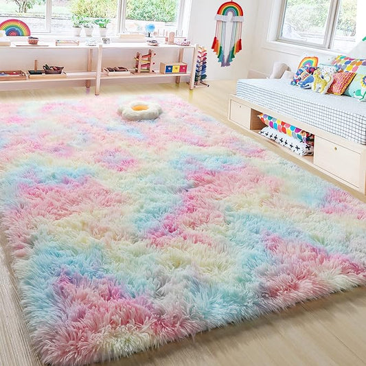 RUGTUDER 6x9 Rainbow Colorful Area Rugs for Girls Bedroom, Kawaii Princess Shaggy Rugs for Kids Playroom, Plush Soft Cute Baby Nursery Carpet, Toddler Girl Room Decor, Home Decor Aesthetic