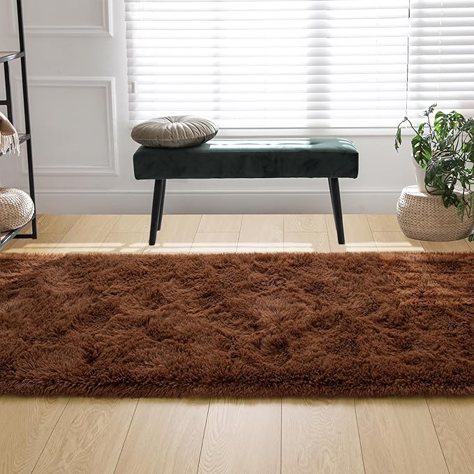 Tepook Soft Runner Rugs for Bedroom 2x6 ft with Rubber Backing, Brown Fluffy Rugs for Living Room, Shag Bedside Rug Fuzzy Plush Carpet for Room, Area Rug for Dorm Nursery Hallway Indoor Home Decor