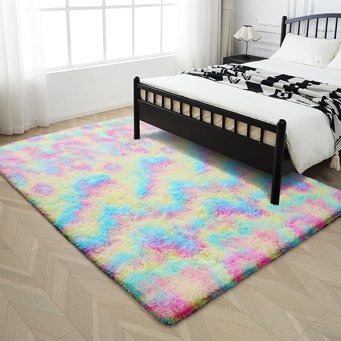 Rainbow Fluffy Rug Shaggy Area Rug, 3x5 Area Rugs for Girls Bedroom, Soft Cute Baby Play Mat, Indoor Floor Carpet for Teen, Nursery, Preppy Dorm, Plush Aesthetic Bedside Rug