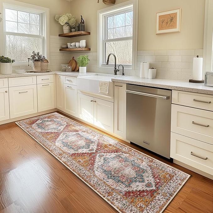 Washable 2x8 Area Rugs, Rugs for Living Room, Low-Pile Water&Stain Resistant Carpet Vintage Distressed Printed Non-Slip Carpet for Bedroom Bathroom Kitchen-Yellow/Brown