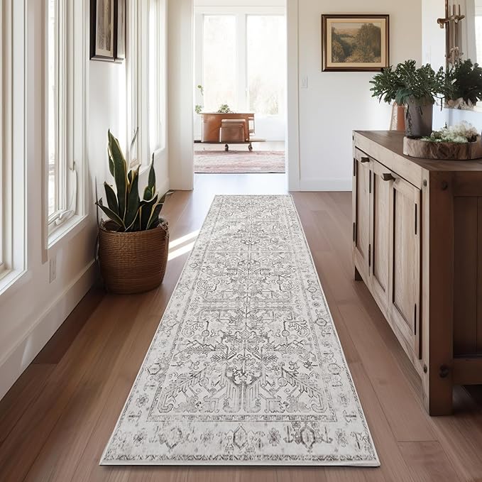 jinchan Runner Rug 2x12 Long Hallway Runner Rug Thin Vintage Washable Kitchen Carpet with Rubber Backing Floral Print Floor Cover Indoor Laundry Room Bedroom Stairway (2x12ft,Taupe)