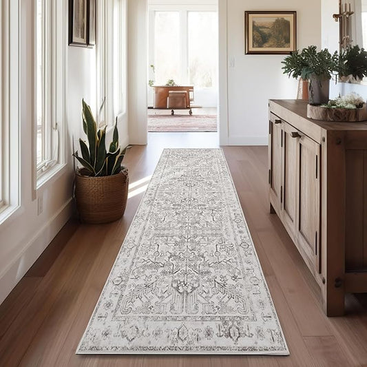 jinchan Runner Rug 2x12 Long Hallway Runner Rug Thin Vintage Washable Kitchen Carpet with Rubber Backing Floral Print Floor Cover Indoor Laundry Room Bedroom Stairway (2x12ft,Taupe)