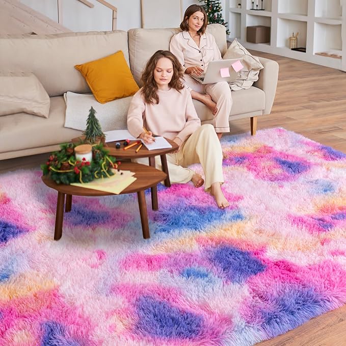 5x7 Area Rugs for Living Room, Plush Thick Carpets for Boy and Girls Room, Modern Soft Shag Rug for Bedroom, Non Slip, Large Indoor Carpet for Nursery Dorms Home Decor Aesthetic, Rainbow