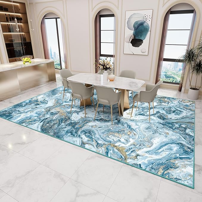 Washable Area Rug 4x6 - Artistic Style Modern Rug for Living Room Bedroom Dining Room, Soft Low Pile Machine Washable Carpet, Non Slip Non Shedding Area Rug - Blue/Gold, 4'x6'