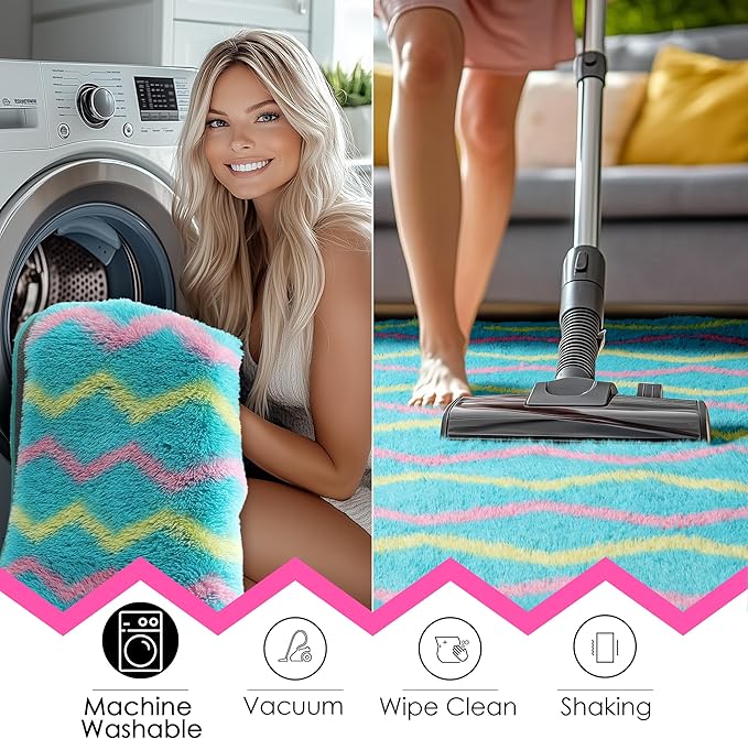 RUGTUDER Soft Fluffy Rug for Bedroom, 5x8 Washable Fuzzy Striped Rugs for Girls Teens Dorm, Non Slip Shaggy Unicorn Area Rug for Living Room Boys Kids Room Playroom Decor, Teal Pink Yellow