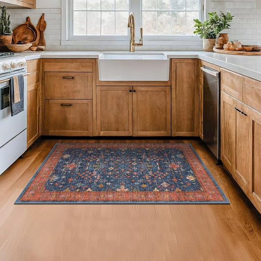 Washable Kitchen Rugs, 3x5 Area Rug for Large Entryway Indoor, Kitchen Mat, Small Rug for Living Room - Stain Resistant Non Skid Non Slip Rubber Backing, Boho Aethestic Décor (3x5 Navy Blue)