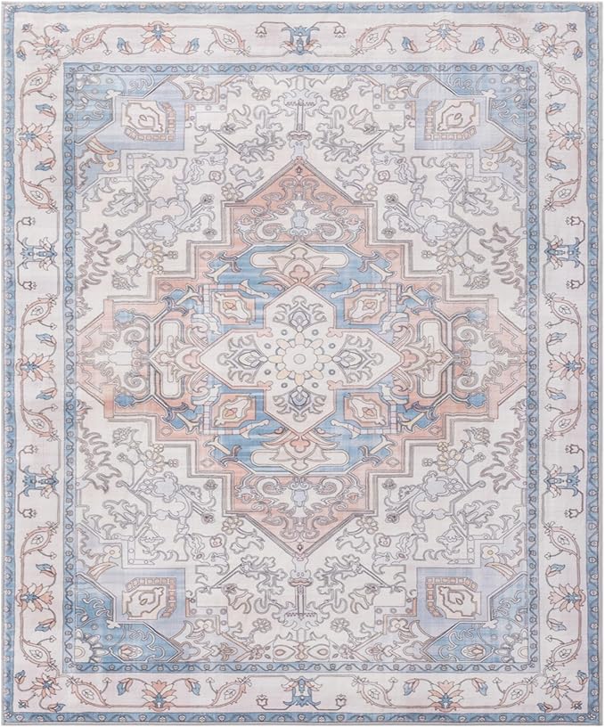 Carvapet Rugs for Living Room, Vintage Low Pile Large Carpet with Rubber Backing, Foldable, Non Slip Machine Washable (9 x 6 Feet Rectangular, Orange/Blue Area Rug)