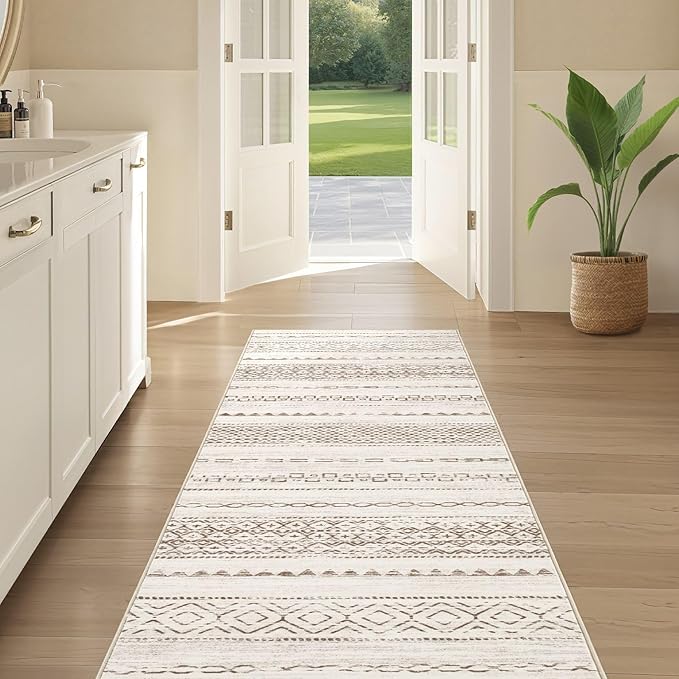 Runner Rug Kitchen Washable Rugs: 2x6 Non-Slip Boho Soft Modern Stain Resistant Indoor Floor Neutral Farmhouse Throw Carpet for Hallway Bathroom Laundry Room Entryway Bedroom- Brown