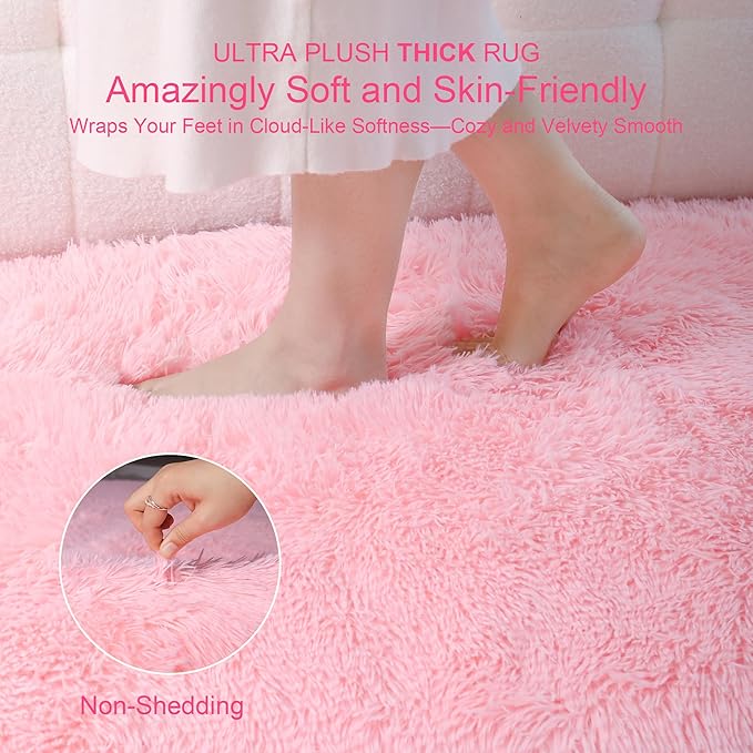 Thick Area Rug 5x7 Pink Fluffy Shag – Ultra Soft Plush Fuzzy Washable Thickened Non-Slip Fuzzy Carpet for Girls Bedroom Living Room, Modern Furry Shaggy Rug for Kids Nursery Boys Dorm Room
