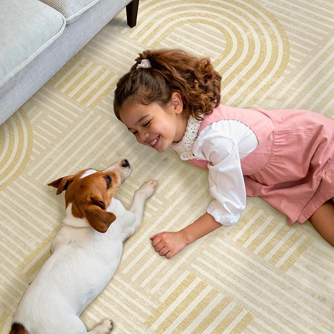 Bavni Area Rugs 8x10, Modern Soft Bedroom Rug, Machine Washable Rug Non Slip, Abstract Low Pile Large Rugs for Living Room, Dining Room, Abstract Yellow Beige