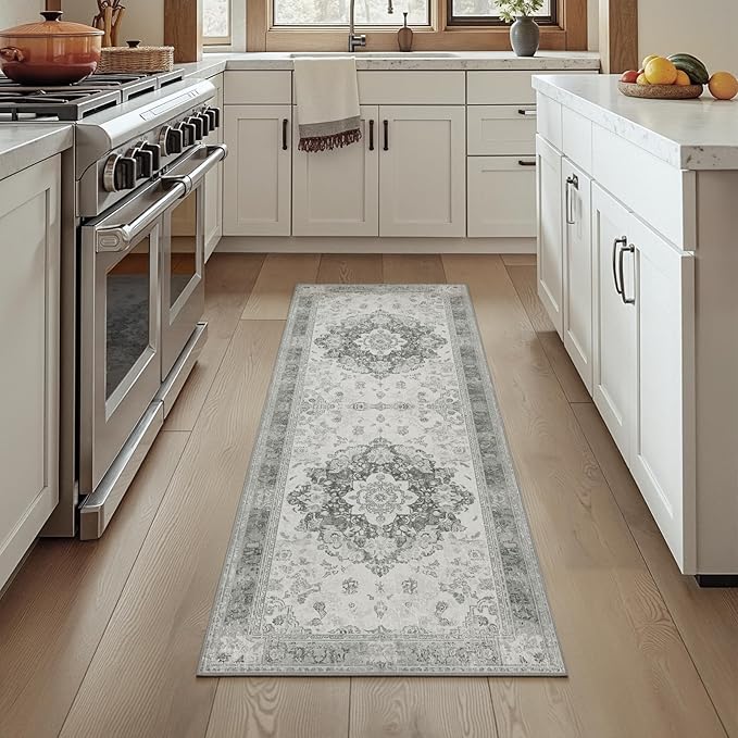 2x6 Machine Washable Non-Slip Rug & Mat - Soft Faux Wool & Polyester, Boho Stain-Resistant Indoor Carpet for Bathroom, Hallway, Kitchen, Entryway, Laundry, Living Room, Low Pile, High Traffic