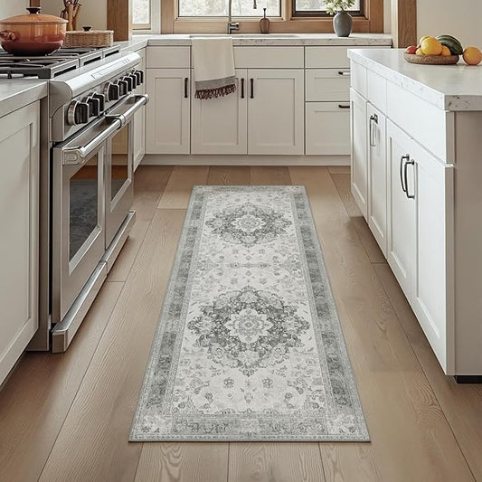 2x6 Machine Washable Non-Slip Rug & Mat - Soft Faux Wool & Polyester, Boho Stain-Resistant Indoor Carpet for Bathroom, Hallway, Kitchen, Entryway, Laundry, Living Room, Low Pile, High Traffic