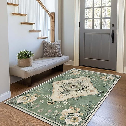 3x5 Area Rug Machine Washable Entryway Rugs Boho Green Rug Non-Slip Low Pile Door Mat Entrance Small Carpet for Home Kitchen Bathroom Bedroom