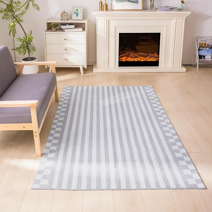 Carvapet Gray Rugs for Living Room Bedroom, Striped Low Pile Modern Carpet with Rubber Backing, Foldable, Non Slip Machine Washable (6 x 4 Feet Rectangular, Grey Area Rug)