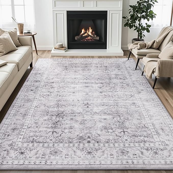 Carvapet Grey Rugs for Living Room, Vintage Low Pile Large Carpet with Rubber Backing, Foldable, Non Slip Machine Washable (9 x 6 Feet Rectangular, Grey Area Rug)