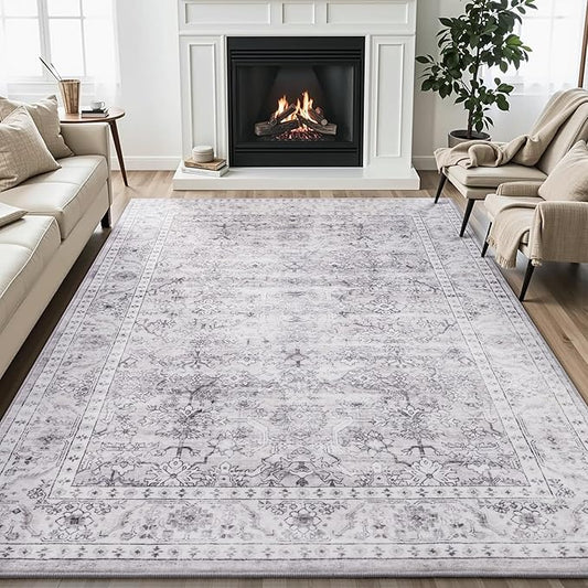 Carvapet Grey Rugs for Living Room, Vintage Low Pile Large Carpet with Rubber Backing, Foldable, Non Slip Machine Washable (9 x 6 Feet Rectangular, Grey Area Rug)