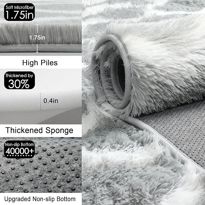 RUGTUDER 4x6 Area Rugs for Living Room, Fluffy Fuzzy Washable Striped Rugs Shaggy Rug for Bedroom, Soft Plush Furry Rug Floor Carpet for Kids Room Nursery Classroom Dorm Office Decor, Grey and White