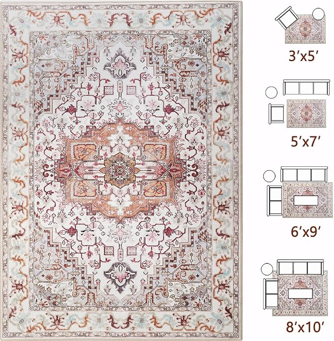 Washable Area Rugs 5x7, Beige Vintage Rugs-Low Pile Carpet, Non-Slip Distressed Printed Patterns Rugs for Bedroom, Living Room, Dining Room, Beige
