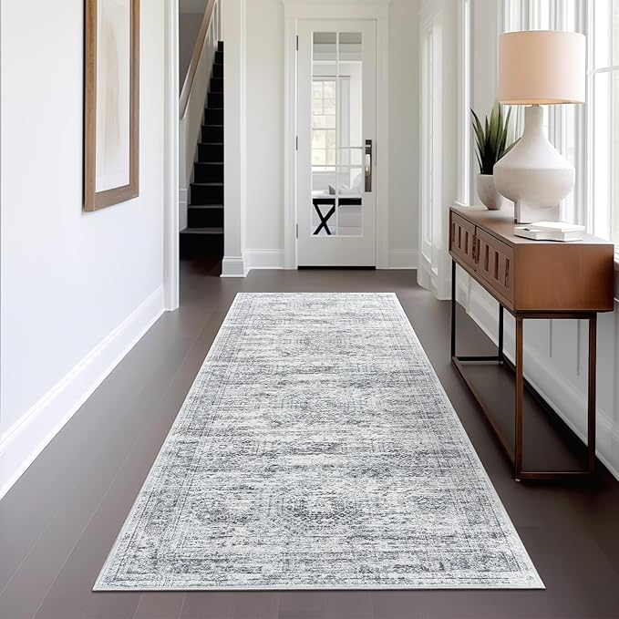 Washable Runner Rug, 2'6" x 8' Non-Slip Kitchen Vintage Foldable Hallway Runners for Entryway, Laundry, Bedroom, Grey