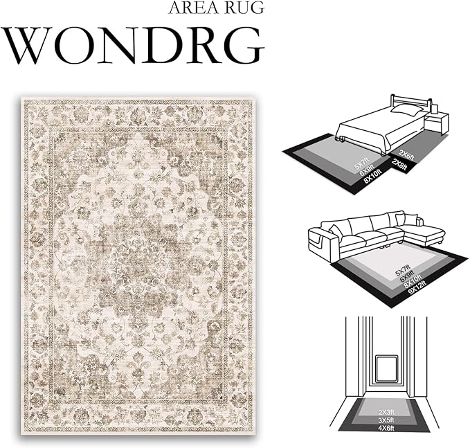 10x12 Neutral Area Rug Brown Floral Living Room Bedroom Large Carpet Non-Slip Low Pile Vintage Soft Thin Washable Throw Rug for Dining Room Office Kitchen Indoor Nursery