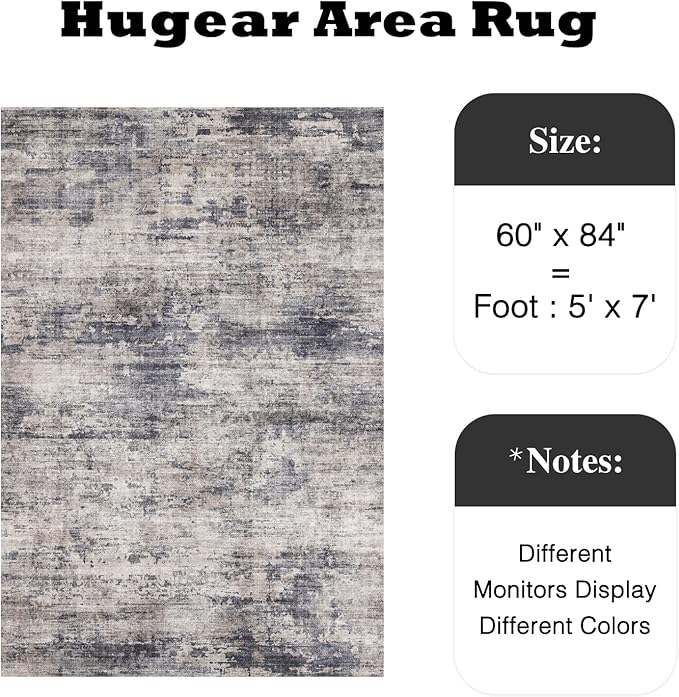 5x7 Living Room Rugs Machine Washable Gray Hallway Area Rug Indoor Accent Rug Abstract Low Pile Carpet Distressed Throw Aesthetic Rug Bedroom Office Dining Room Kitchen Laundry Room Non Slip