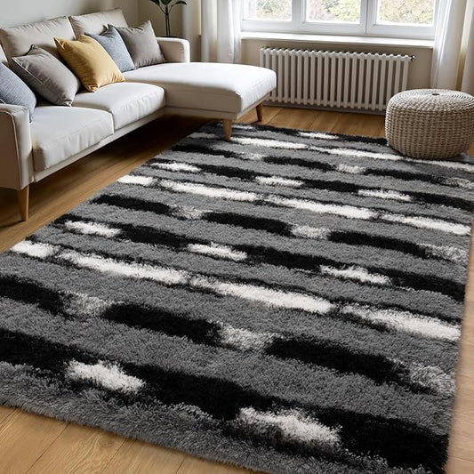Zentavio Area Rugs for Living Room Large Rugs for Bedroom 5x8 Carpet Fluffy Fuzzy Soft Shag Aesthetic Plush High Pile Throw Rug for Nursery Kids Room Dorm Vertical Stripes Black White