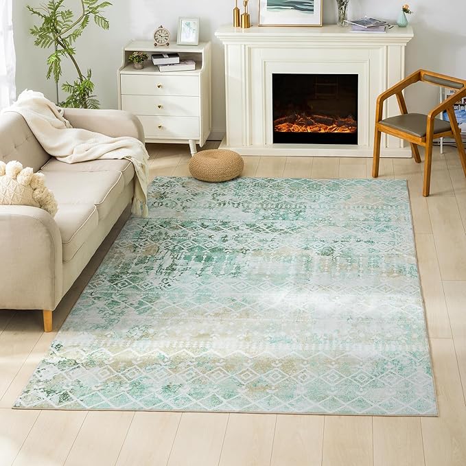 Carvapet Rugs for Living Room Bedroom, Green Boho Low Pile Large Carpet with Rubber Backing, Foldable, Non Slip Machine Washable (9 x 6 Feet Rectangular, Green Area Rug)