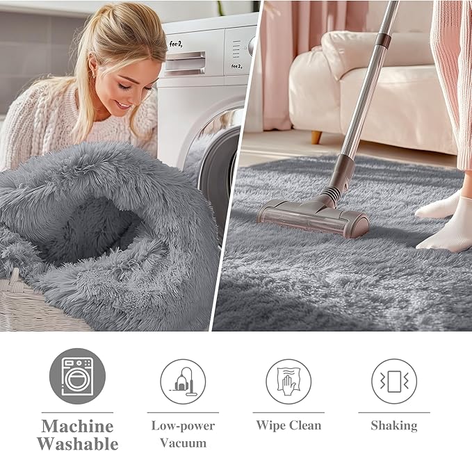 OLANLY Light Grey Round Rugs for Bedroom - Machine Washable, 2x2 Feet Circle Area Rugs for Living Room, Soft and Fluffy Shaggy Carpet for Teen Girl and Boys, Nursery Rooms, Dorms, Home Decor Aesthetic