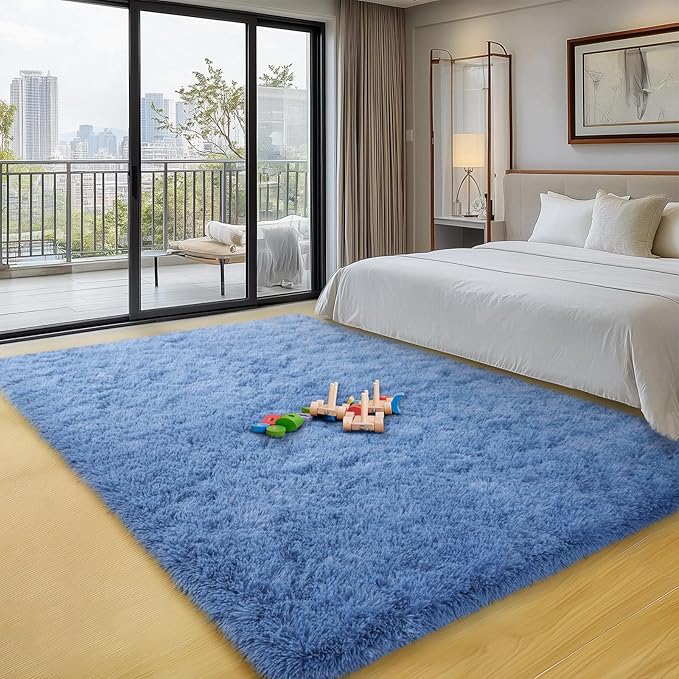 3x5 Area Rug for Bedroom, Fluffy Soft Blue Shag Rugs for Living Room, Small Fuzzy Plush Shaggy Carpets for Boys and Girls Dorm Room Home Decor (3ft x 5ft, Blue)