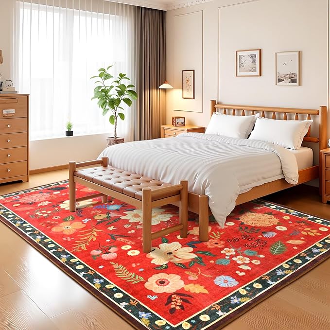 5x7 Floral Rug for Girls Bedroom, Machine Washable Area Rugs with Non Slip Backingfor Living Room, Cute Flowers Carpet Kitchen Dining Room Kids Playroom Decor, Red